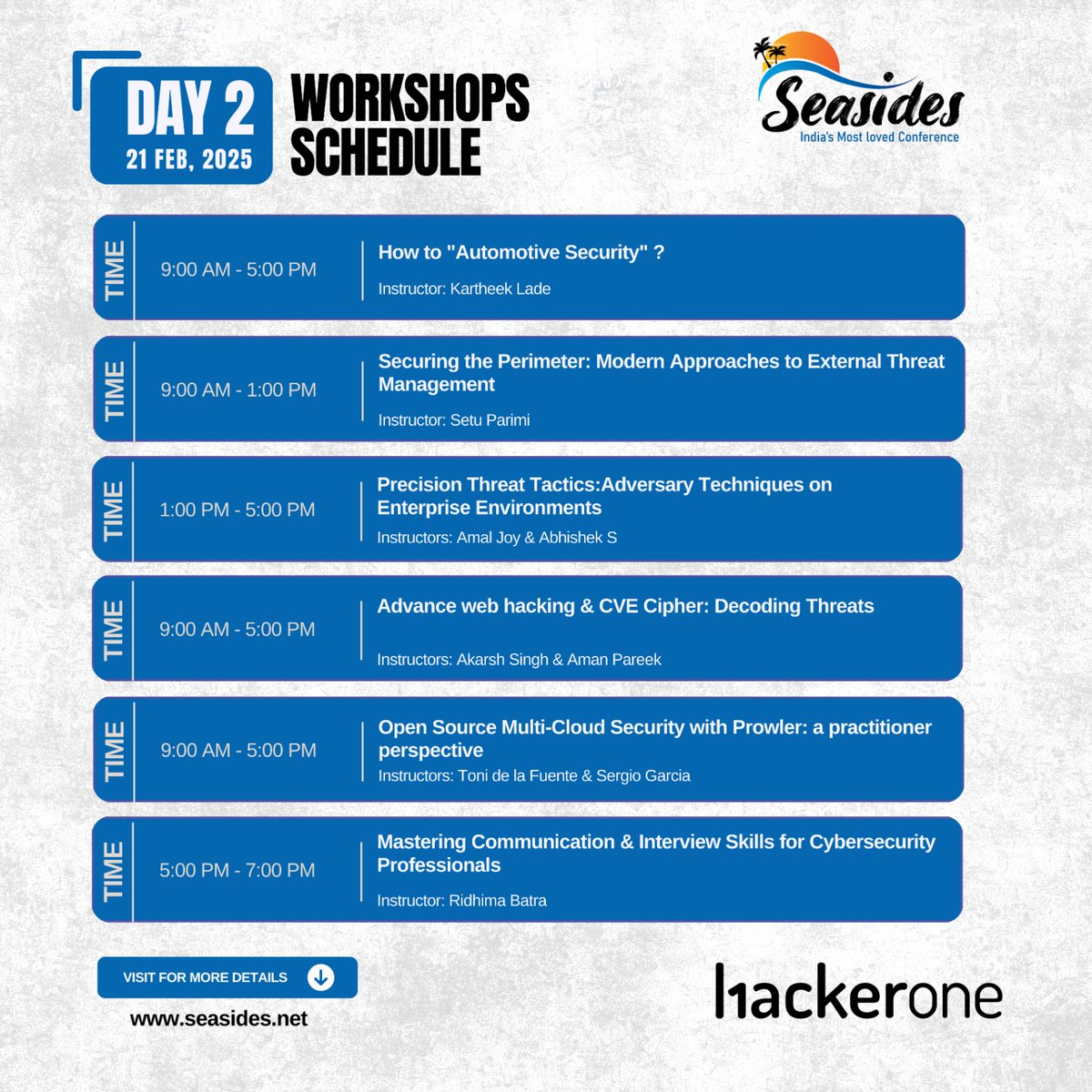 🚀 Day 2 of Seasides 2025 is here! Hands-on workshops on Web Hacking, Cloud Security, Automotive Security &amp; more by top experts. Level up your skills—don’t miss out!

📍 More details: seasides.net

Thank you <a href="/Hacker0x01/">HackerOne</a> for sponsoring us

#Seasides2025 #CyberSecurity