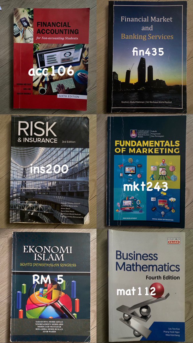‼️ BOOKS FOR SALE  BA119 &amp; BA242‼️

RM 5 (each)
📌ctu101 
📌mgt162  
📌tac151 
📌ent300 
📌mkt243 
📌tac 101 
📌fin368

RM10 (each)
📌mgt346 
📌mat112 
📌fin435 
📌acc106 
📌eco162 
📌fin533
📌fin358
📌ins200 &amp; mgt269 - FREE

🎀Postage ONLY. Do pm me if you’re interested to buy😉