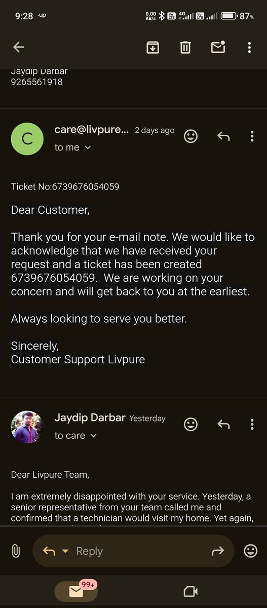 jrdarbar1996's tweet image. I am writing to express my deep dissatisfaction with the service experience I have had with my Livpure RO water purifier. Despite numerous calls and emails, my concerns have not been addressed, and the lack of response is highly disappointing.
#livepure