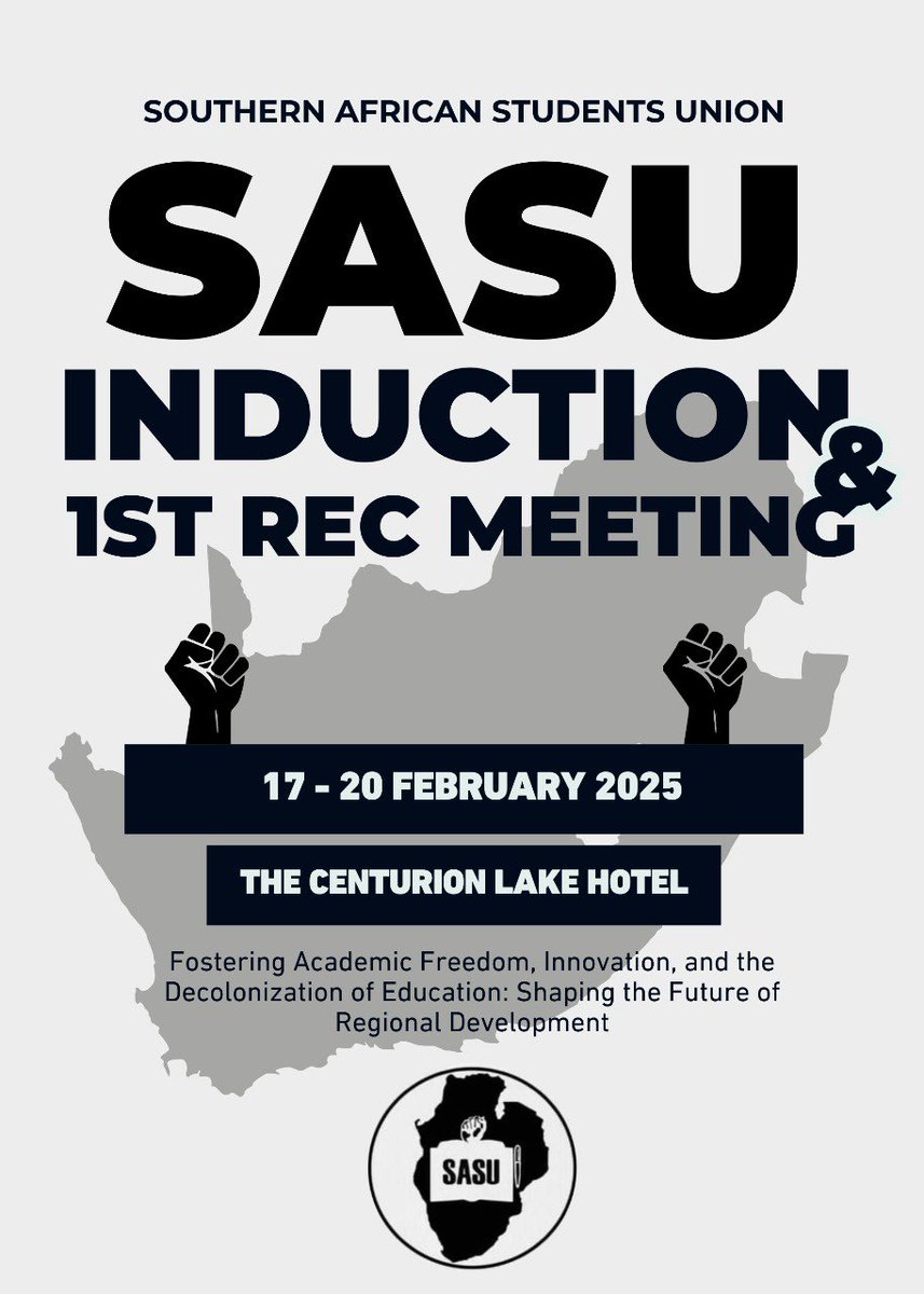 The Southern African Students Union sits its 1st Regional Meeting and Induction this week in The Centurion Lake Hotel -South Africa under the theme. : Fostering Academic Freedom, Innovation, and the Decolonization of Education: Shaping the Future of Regional Development 

#SASU25