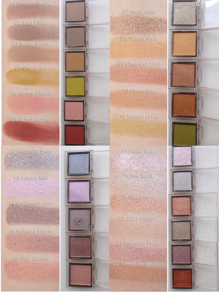 bitekicom's tweet photo. RMKの新作単色アイシャドウ
全24色をスウォッチ🌈✨

◆「RMK インフィニシェイド シングル アイシャドウ」24色（うち限定2色） ￥3,080（ケース込価格）※レフィル ￥2,530、カスタム ケース I ￥550

📝2025年4月4日（金）発売

“Infinite（無限）”と“Shades（色）”をかけあわせた名前の通り、
好きな色を自由に組み合わせて自分だけのスタイルを描き出す新作単色アイシャドウ。

重ねるほどに発色と深みを増すフォギーなマット質感“Matte（マット／M）”、
しっとりなめらかに艶めく繊細なパーリィ質感“Shimmer（シマー／S）”
大粒パールが濡れたように煌めくスパークル質感“High Sparkle（ハイスパークル／HS）”
の3質感からなる計24色が揃います（うち限定2色）。

まぶたになめらかに広がり、ピュアな色と輝きがぴたりと密着。ひと塗りで魅力的なまなざしになれます✨