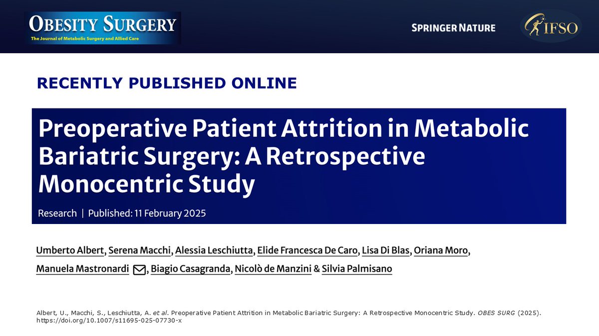 Obesity Surgery Journal (@journalobesity) on Twitter photo PUBLISHED IN OBESITY SURGERY JOURNAL
A retrospective cohort with 447 candidates to #BariatricSurgery show #keyfactors on attrition rate
❌Depressed mood
❌Binge eating disorder
❌Male gender
❌Active smoking
➡️ link.springer.com/article/10.100…
<a href="/ScottShikoraMD/">Scott Shikora, MD, FACS, FASMBS</a> <a href="/rvcohen/">Ricardo Cohen</a> <a href="/batistacarolina/">Anna Carolina Batista, MD</a> PUBLISHED IN OBESITY SURGERY JOURNAL
A retrospective cohort with 447 candidates to #BariatricSurgery show #keyfactors on attrition rate
❌Depressed mood
❌Binge eating disorder
❌Male gender
❌Active smoking
➡️ link.springer.com/article/10.100…
<a href="/ScottShikoraMD/">Scott Shikora, MD, FACS, FASMBS</a> <a href="/rvcohen/">Ricardo Cohen</a> <a href="/batistacarolina/">Anna Carolina Batista, MD</a>
