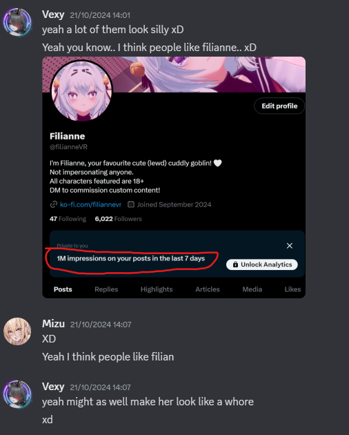 Mizukkuro's tweet photo. I didn't want to do this, but it's been weighing on me. Filianne (@FilianneVR), the account leeching off Filian (@filianIsLost), is run by both @DeviousVRC and @VexyVRC, the first being the mastermind behind it. I will expose here how they abuse, lie and mislead the people they are catering to by pretending to be someone they're not for personal gain. 

Thread below.