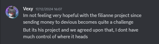 Mizukkuro's tweet photo. I didn't want to do this, but it's been weighing on me. Filianne (@FilianneVR), the account leeching off Filian (@filianIsLost), is run by both @DeviousVRC and @VexyVRC, the first being the mastermind behind it. I will expose here how they abuse, lie and mislead the people they are catering to by pretending to be someone they're not for personal gain. 

Thread below.