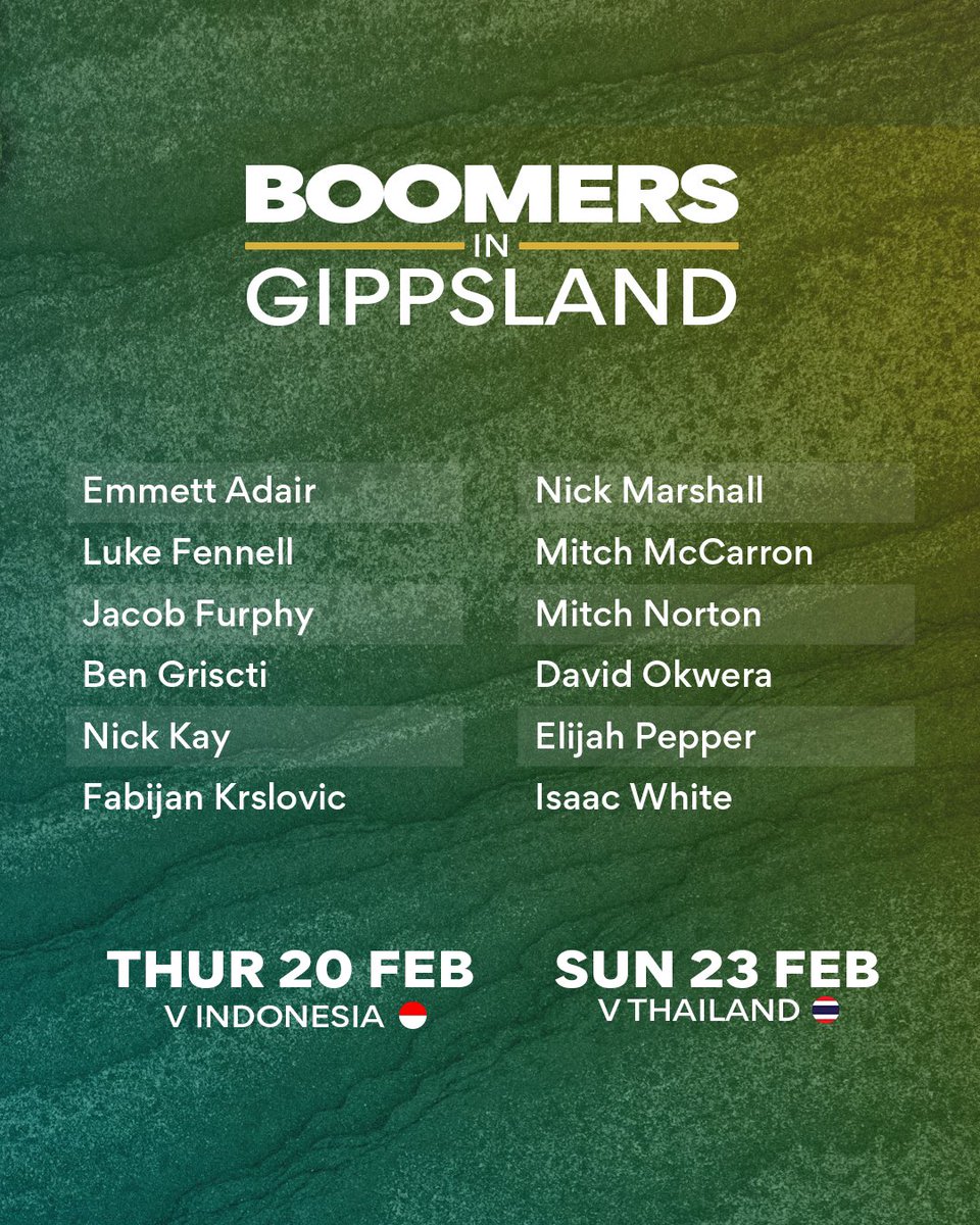 Team announcement! 📣

Here are your Australian Boomers set to take on Indonesia and Thailand this Thursday and Sunday in Traralgon, Victoria for the 2025 FIBA Asia Cup Qualifiers. 

Tickets via Ticketek.

More details ➡️ bit.ly/4i3jyPy

#WeAreBasketball | #VisitVictoria