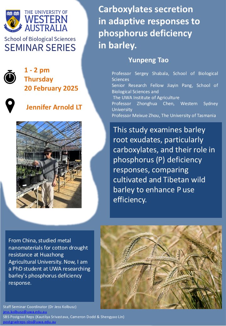 Please join us this Thursday (20th February, 1 pm) at the Jennifer Arnold Lecture Theatre in the Zoology building :

Yunpeng Tao – “ Carboxylates secretion in adaptive responses to phosphorus deficiency in barley.”