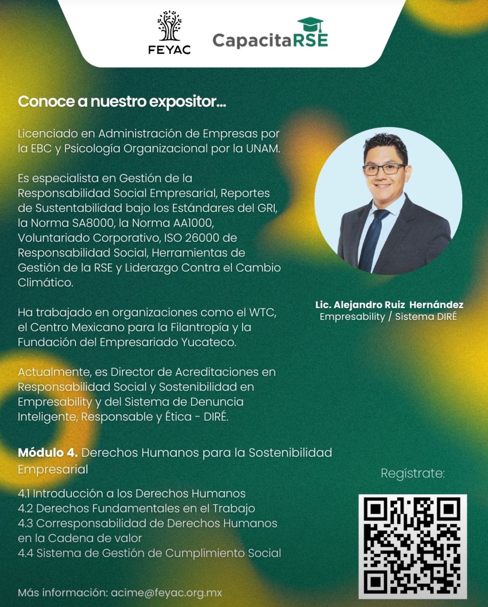 Nuestro Director Alejandro Ruiz Hernández ha sido invitado a impartir el Módulo 4 de #DerechosHumanos, del Diplomado de #RSE impulsando por la <a href="/FEYAC_/">FEYAC</a>