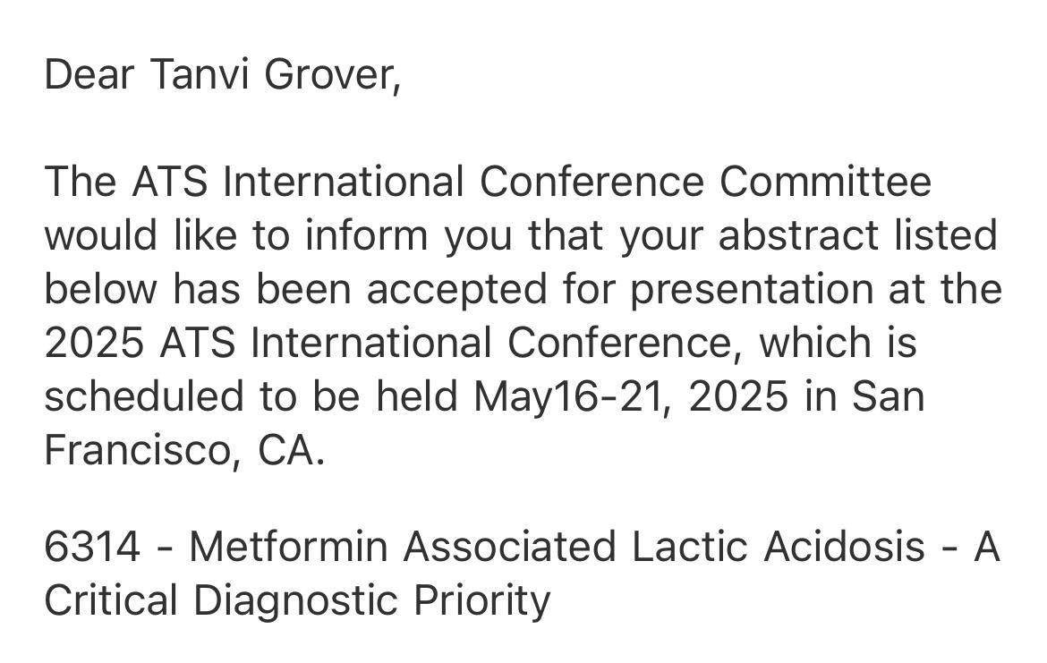 Tanvi1224's tweet photo. Excited to share that my abstracts have been accepted to @atscommunity and ACP conferences @ACPIMPhysicians 
Grateful for the opportunity to present my work and engage with fellow researchers! https://t.co/CsJQMst8US