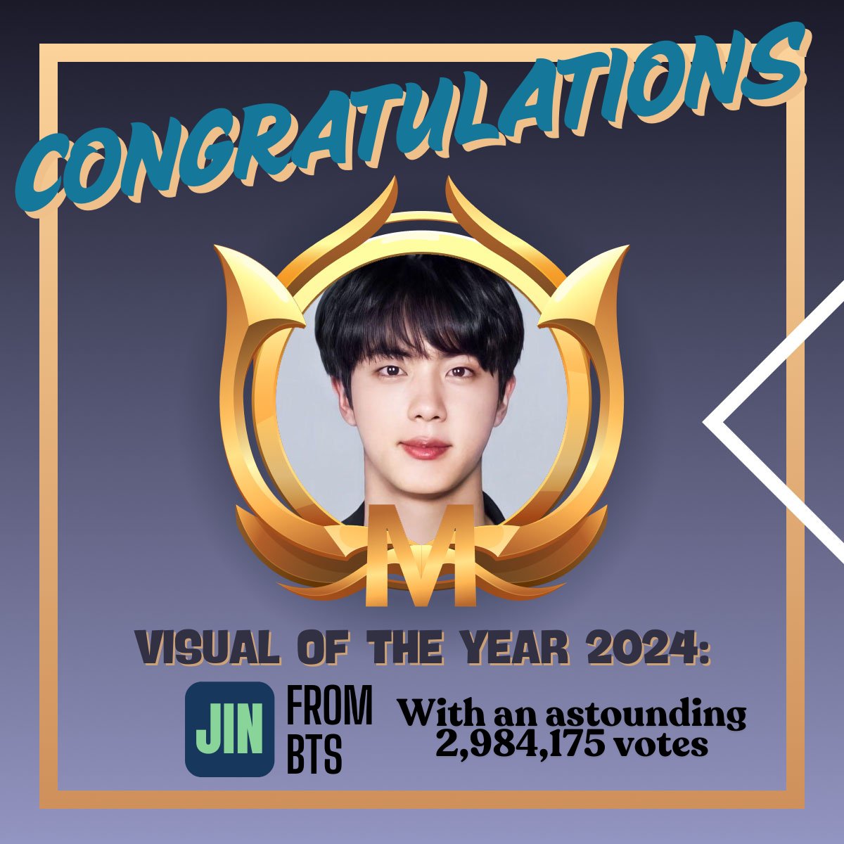 MusicMundial's tweet photo. 👑 Jin – The Ultimate Visual of the Year! 🏆✨
With an astounding 2,984,175 votes, Jin has once again proven his unmatched charisma and timeless visuals! His elegance, charm, and presence continue to captivate millions around the world. 💫💖
This victory is not just about his looks, but also a testament to the love and admiration of his fans, who came together to crown him the ultimate visual. From his ethereal beauty to his warm personality, Jin shines in every way possible!
Congratulations, Jin! 🎉👏 The world sees your brilliance, and your fans will always stand by your side. 💜
#VisualOfTheYearatMusicMundial #Jin #WorldwideHandsome #HallOfFame #LegendaryVisual