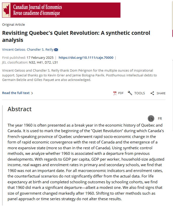 Vincent Geloso (@vincentgeloso) on Twitter photo Now available in the Canadian Journal of Economics, my paper with <a href="/ChandlerReilly/">Chandler Reilly</a> on Quebec's Quiet Revolution (QR)
TLDR: The QR didnt accelerate economic growth nor did it change most socio-economic outcomes in a meaningful manner. It did cause more gov spending (link next) Now available in the Canadian Journal of Economics, my paper with <a href="/ChandlerReilly/">Chandler Reilly</a> on Quebec's Quiet Revolution (QR)
TLDR: The QR didnt accelerate economic growth nor did it change most socio-economic outcomes in a meaningful manner. It did cause more gov spending (link next)