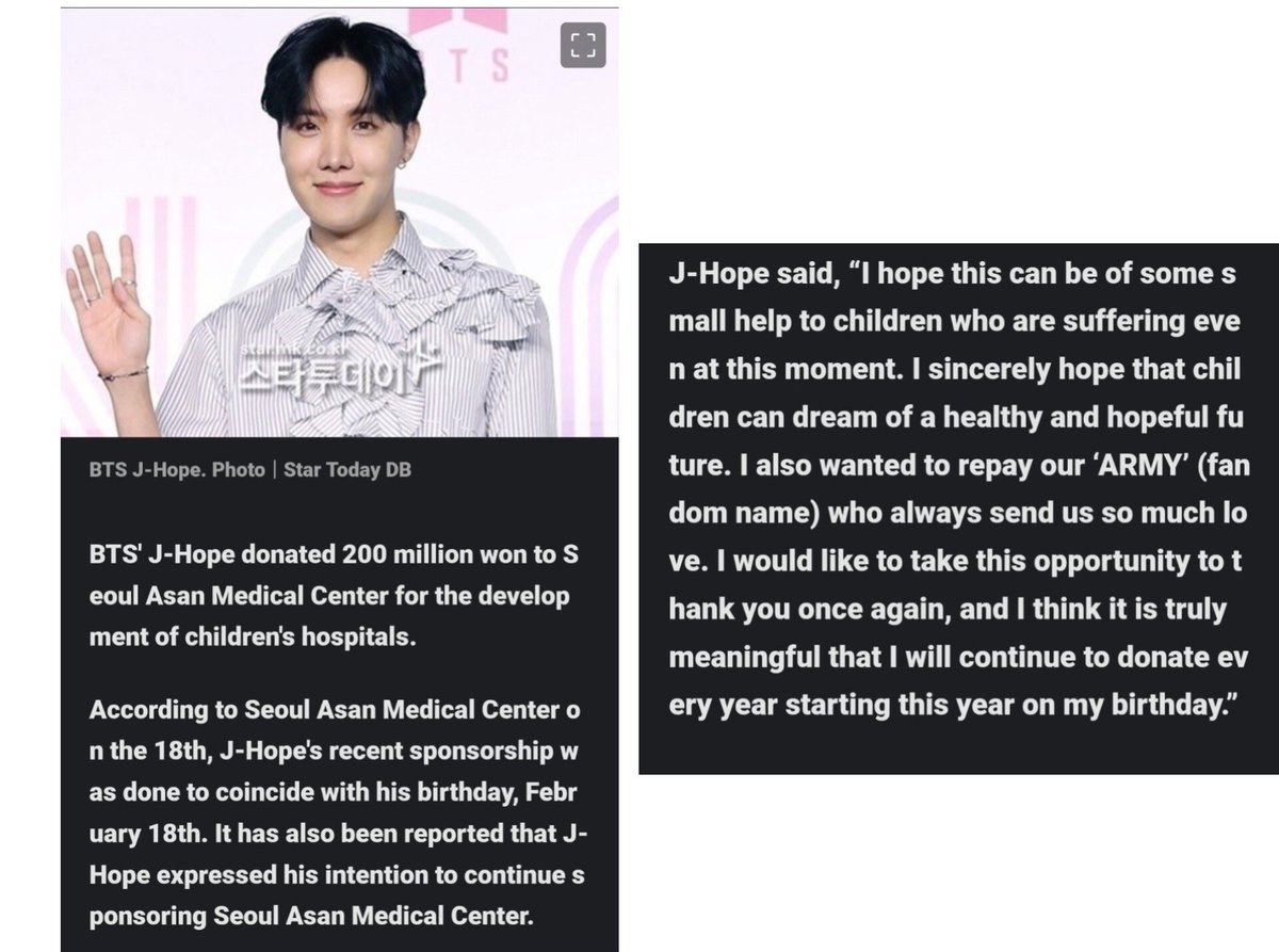 Yoon_kookie97's tweet photo. #JHOPE has donated 200 million won to the Seoul Asan Medical Center Children's Hospital on his birthday✨🥹

He said “I will gonna continue to donate every year starting this year on my birthday” 

WE LOVE YOU HOBI
WE ARE PROUD OF YOU HOBI
OUR PRIDE J-HOPE https://t.co/W4kDKkesMx