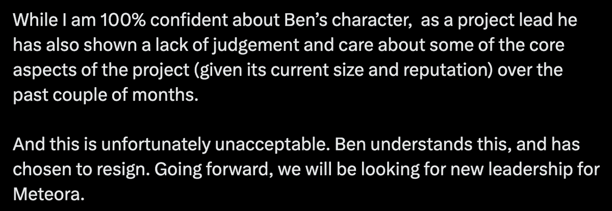 Ben chow (Meteora) resigned today according to a statement from <a href="/weremeow/">meow</a>, Meteora's cofounder... citing a "lack of judgement"

I don't think we've heard the end of this.