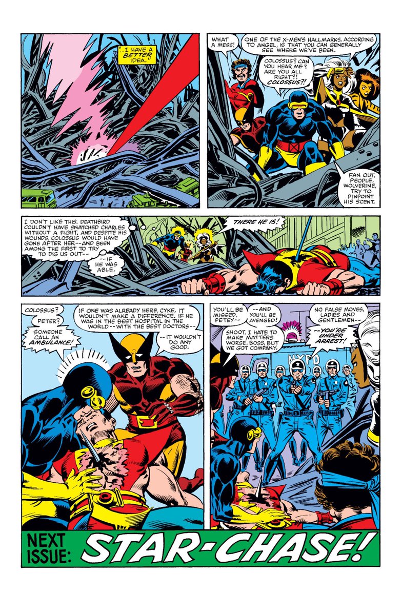 balvog's tweet image. X-Men #155 (1963)
The X-Men team up with Tigra (the only Avenger that was home) in an attempt to save Lilandra, and eventually fighting Deathbird and the Brood.
Colossus gets absolutely bullied this issue. First an acid bullet, then stabbed.
