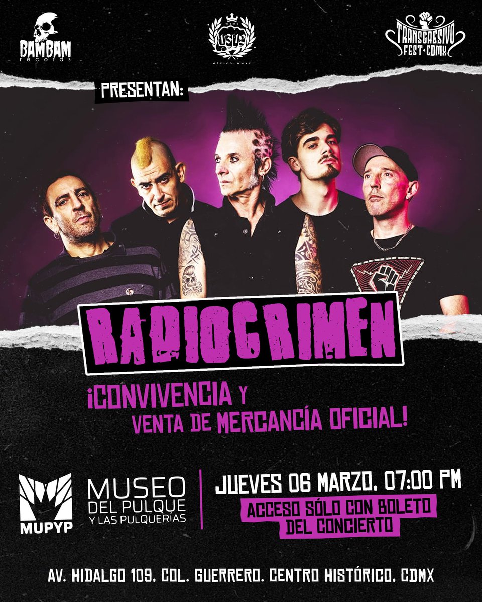 BAMBAMRECORDS's tweet photo. ATENCION!!!

Los esperamos en el MUPYP - Museo del Pulque jueves 06 de marzo!!!

Acceso solo con boleto del concierto!!!

RADIOCRIMEN
#radiocrimen #txarlyusher #TransgresivoFest #Museodelpulque #bambamrecords https://t.co/4cOCufplRI