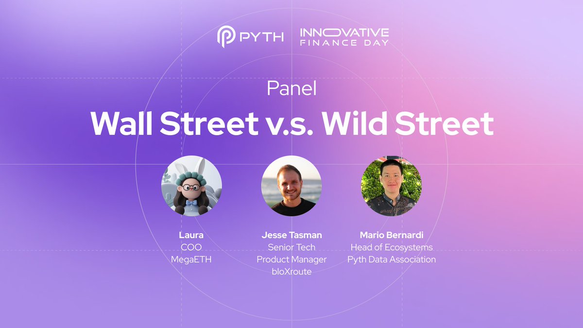 Wall Street vs. Wild Street: The Ultimate Showdown at 14:50 (GMT+8) 🏦
Join <a href="/0xlifeitself/">Laura 🐰</a>, COO of <a href="/megaeth_labs/">MegaETH</a>, <a href="/Mariobern_/">Mario🔮</a>, Head of Ecosystem at <a href="/PythNetwork/">Pyth Network 🔮</a>, and Jesse Tasman from <a href="/bloxroute/">bloXroute</a> for a panel as they tackle:
• Scaling blockchains to Wall Street speeds
• Adoption