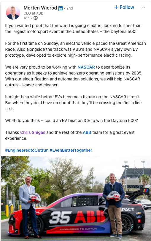 A_S12's tweet photo. .@ABBGroupNews' CEO: "If you wanted proof that the world is going electric, look no further than the largest motorsport event in the United States – the Daytona 500! For the first time on Sunday, an electric vehicle paced the Great American Race." https://t.co/6VokUvQvHz