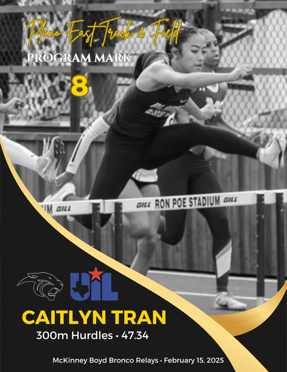 Plano East Cross Country / Track & Field (@planoeastxctf) on Twitter photo Caitlyn Tran opens her season in the Top 10 list‼️She finished🥉in the 300m hurdles, 47.34 for a new personal best and the No. 8 mark in program history 💥
<a href="/EastPanthers1/">Plano East Senior High School Panthers</a> <a href="/PESH_Athletics/">Plano East Panthers</a> <a href="/CoachReedXCTF/">Robert Reed</a> Caitlyn Tran opens her season in the Top 10 list‼️She finished🥉in the 300m hurdles, 47.34 for a new personal best and the No. 8 mark in program history 💥
<a href="/EastPanthers1/">Plano East Senior High School Panthers</a> <a href="/PESH_Athletics/">Plano East Panthers</a> <a href="/CoachReedXCTF/">Robert Reed</a>