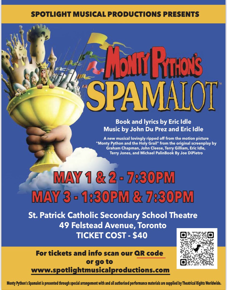 SpotlightMP's tweet photo. Spotlight Musical Productions is excited to present Monty Python’s Spamalot this May! Get your tickets to the classic hilarious show today at https://t.co/trSPtPdZPp https://t.co/osovQkBeh1