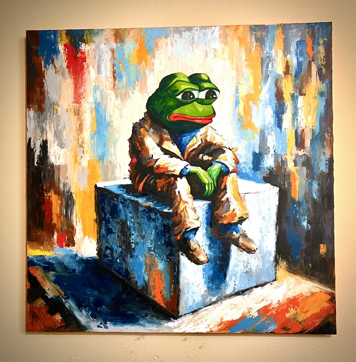 Finished. Pepe on cube. Oil on canvas. #memeart $pepe