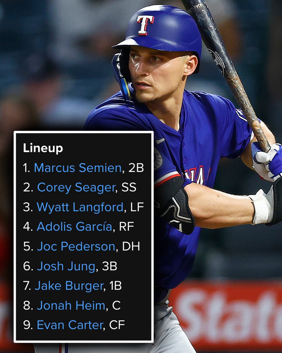MLB's tweet photo. Corey Seager and Jacob deGrom headline the @Rangers #OpeningDay projected lineup and rotation. https://t.co/JHNyK96PC5