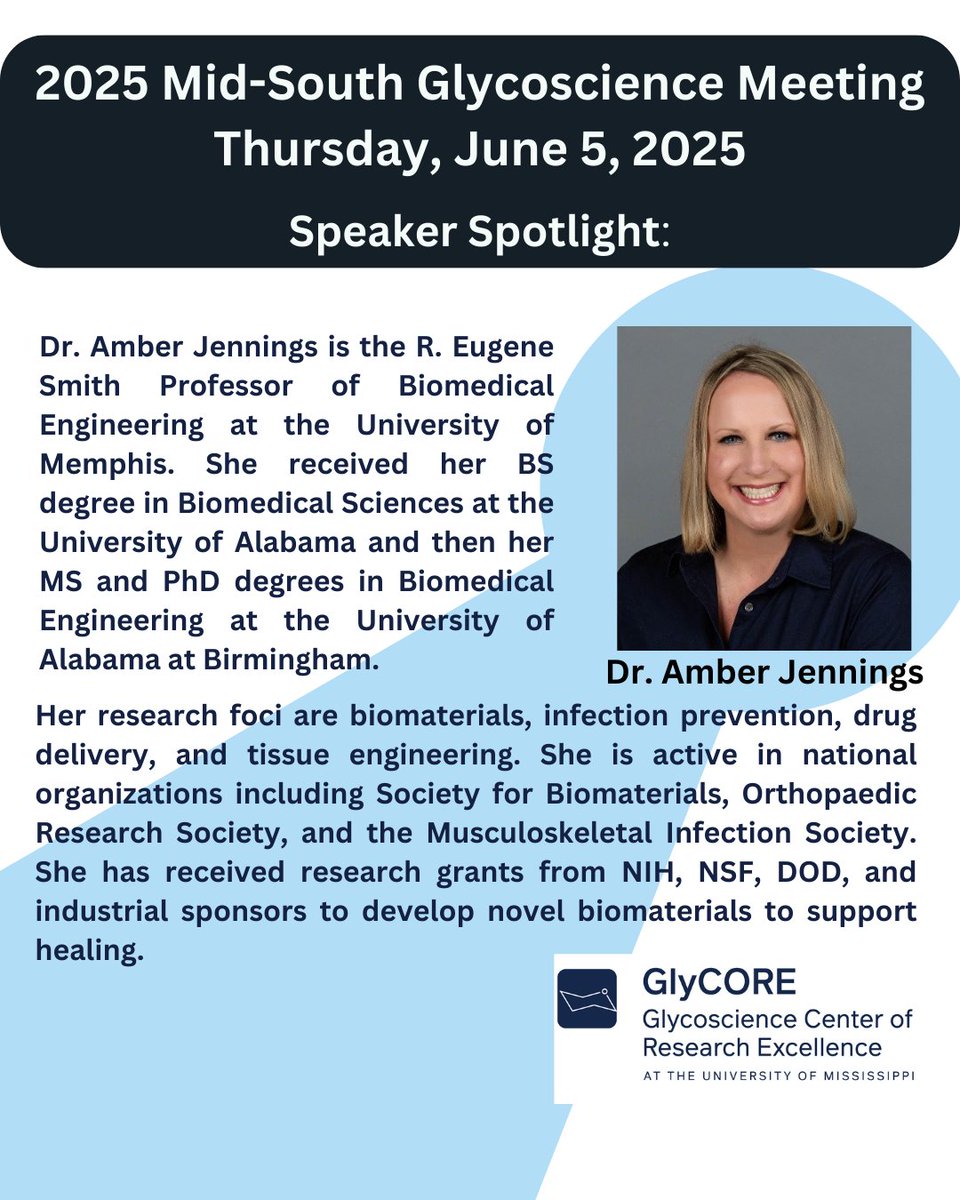 UM_glycore's tweet image. Registration opens soon for the 2025 Mid-South Glycoscience Meeting scheduled to be held Thursday, June 5, 2025, on the Ole Miss Campus in Oxford, MS. Mark your calendars and join us for exciting glycoscience presentations! #glycotime #glycore
