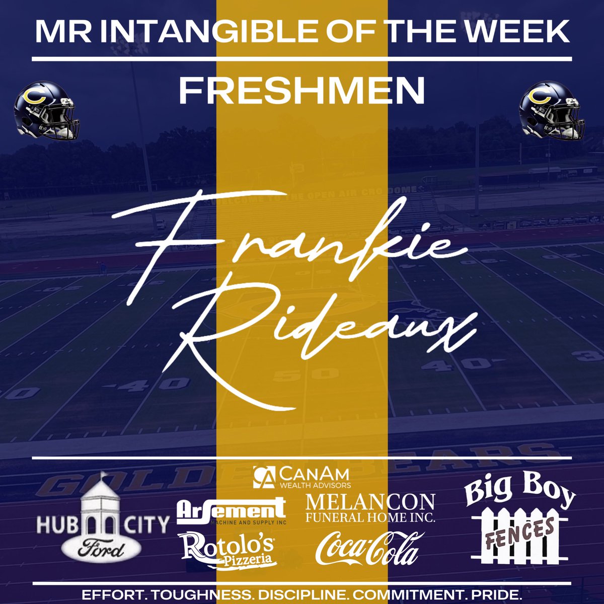 Lifter of the week (freshmen): Haeven Batiste

Sprinter of the week (freshmen): Malachi Menard

Mr Intangible of the week (freshmen): Frankie Rideaux

Student Athlete of the week (freshmen): Hayden Monroe, 3.14 GPA