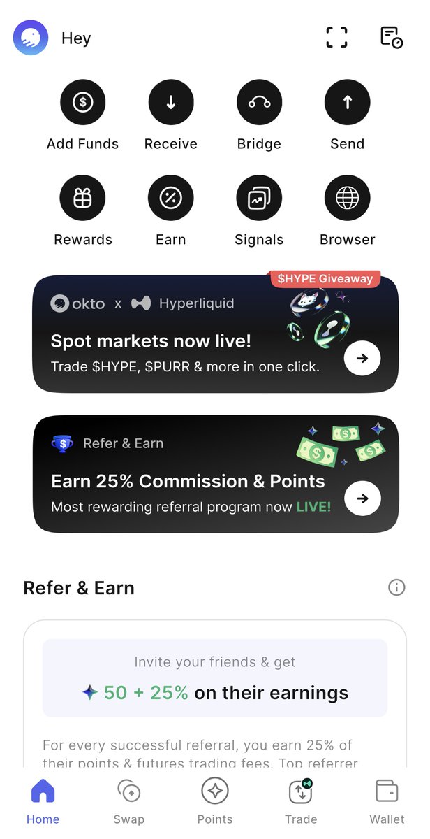 +Bước 1:

Anh em tải ví OKTO theo link dưới này sẽ nhận được 50 Point 

=> okto.go.link/defi_home?refe…

+Bước 2:

Ấn Tạo ví or Import ví đã có. Cá nhân mình vẫn khuyên tạo ví mới hơn là Import. 

Xong hết thì sẽ xuất hiện giao diện như ảnh 1. 

Sau đó làm các bước: