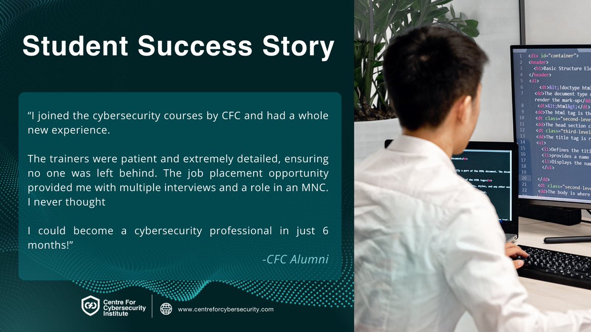 CentreForCyber's tweet image. Meet one of our students who transformed their curiosity about cybersecurity into a thriving career!
👉 Register now: hubs.la/Q036-C_v0

#cybersecuritycareer #cybersecuritycourses #cybersecuritycoursesonline #studycybersecurity #learncybersecurity #cybersecuritycareerpath