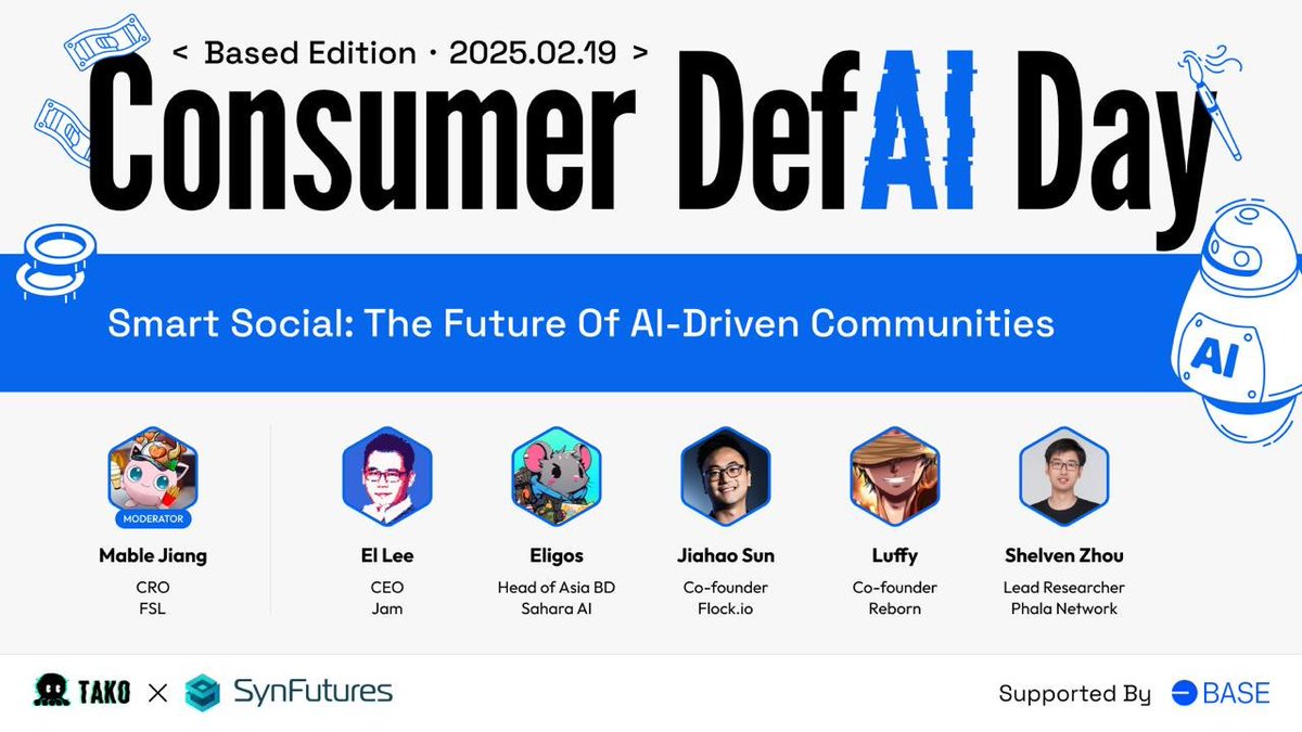 Curious how AI is redefining the way we connect and build communities? 

Don’t miss Consumer DefAI Day Panel 2: 
Smart Social — The Future of AI-Driven Communities

Hear from visionary builders:
<a href="/elxlee/">el | elxlee.base.eth</a>, CEO of <a href="/Jamfrens/">$JAM 🐿️</a> 
<a href="/c_eligos/">Eligos Cheung | Sahara AI 🔆</a>, Head of Asia BD <a href="/SaharaLabsAI/">Sahara AI 🔆</a> 
<a href="/0x7SUN/">J. SUN</a>,
