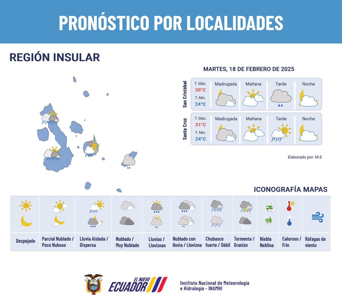inamhi_ec's tweet photo. #PronósticoNacionalEc | Martes, 18 de febrero de 2025: Cielo mayormente nublado, lluvias de variable intensidad en gran parte del país ⛈🌧
⚠️ Advertencia Nro. 10 https://t.co/Mz7cwcJrNO