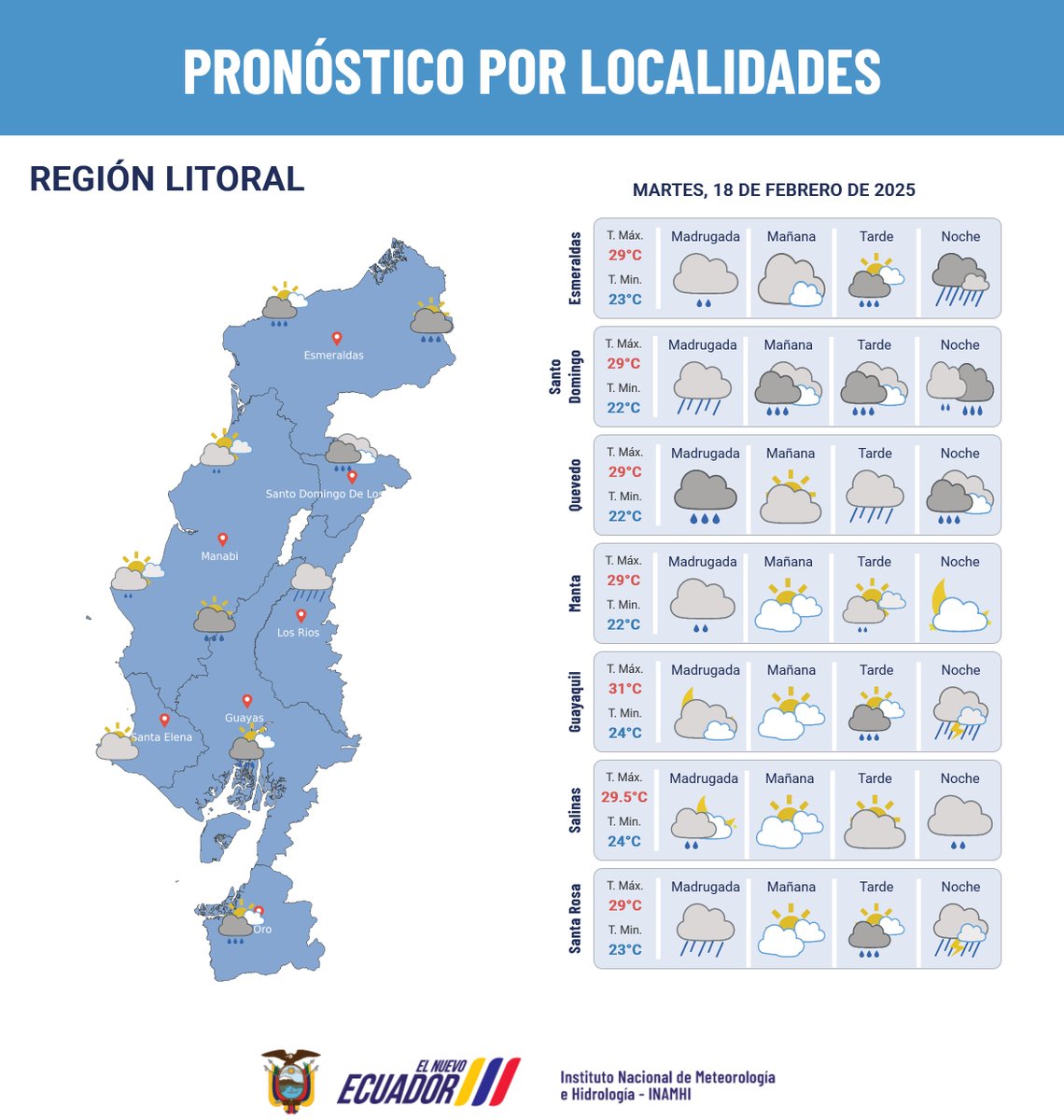 inamhi_ec's tweet photo. #PronósticoNacionalEc | Martes, 18 de febrero de 2025: Cielo mayormente nublado, lluvias de variable intensidad en gran parte del país ⛈🌧
⚠️ Advertencia Nro. 10 https://t.co/Mz7cwcJrNO