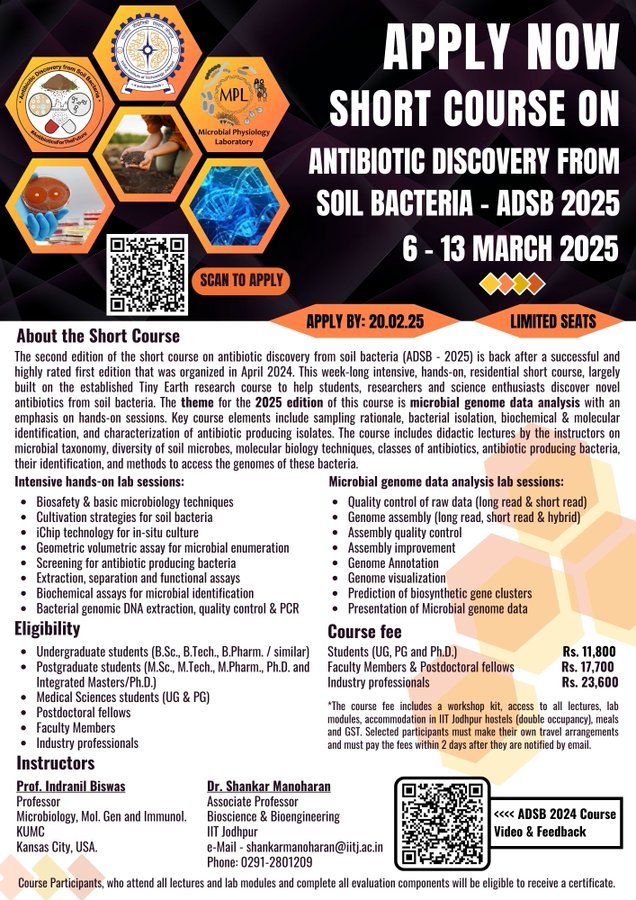 BP (@bharatpareek20) on Twitter photo #Registration is now open for Short course on #Antibiotic Discovery from Soil #Bacteria (#ADSB).
Duration: 6th -13th March 2025
Register now: forms.gle/WbztiXjv1QAYaf…
Please circulate in your network.
<a href="/smanoharan_naan/">Shankar Manoharan</a>
<a href="/iitjodhpur/">Indian Institute of Technology Jodhpur</a> #Registration is now open for Short course on #Antibiotic Discovery from Soil #Bacteria (#ADSB).
Duration: 6th -13th March 2025
Register now: forms.gle/WbztiXjv1QAYaf…
Please circulate in your network.
<a href="/smanoharan_naan/">Shankar Manoharan</a>
<a href="/iitjodhpur/">Indian Institute of Technology Jodhpur</a>