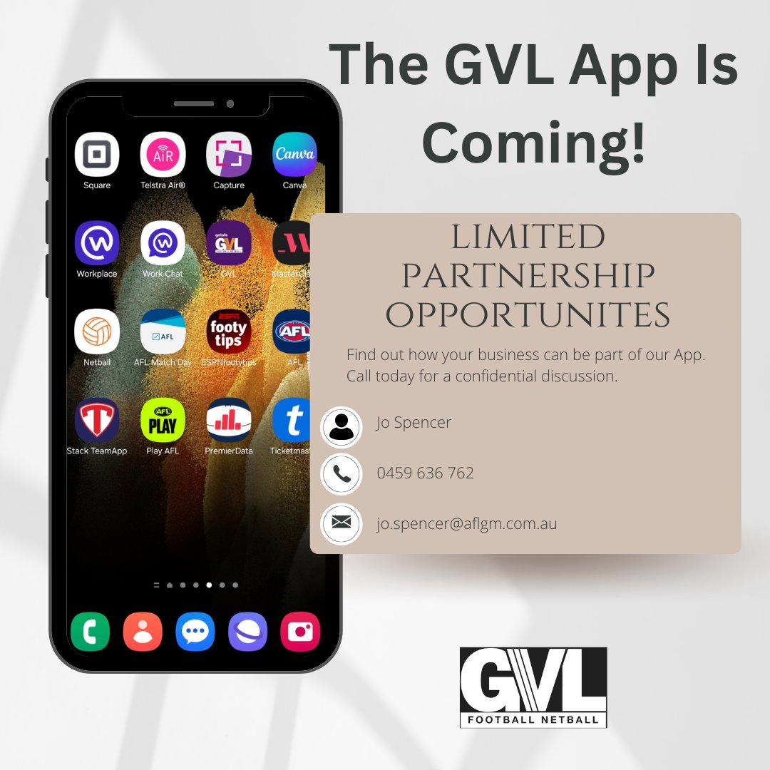GVLeague's tweet photo. We're excited to announce that the Goulburn Valley League App is coming!

Launching ahead of Season 2025, the GVL App will be everything you need to know about GVL Football and Netball, all in the palm of your hand!

Fans will be able to access news, team squads, fixtures.... https://t.co/GK7nv9yD8X