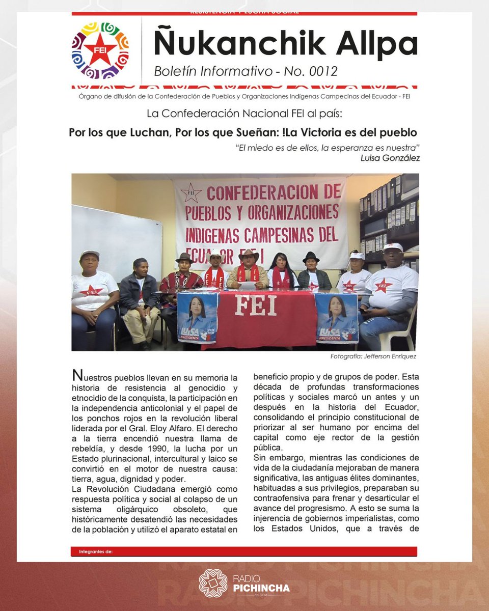 radio_pichincha's tweet photo. 🛑#Atención | Mediante un comunicado, la Confederación de Pueblos Organizaciones Indígenas Campesinas Ecuador FEI anuncia su respaldo hacia la candidata de la @RC5Oficial, @LuisaGonzalezEc, de cara la segunda vuelta electoral. https://t.co/0wFIxRacLv