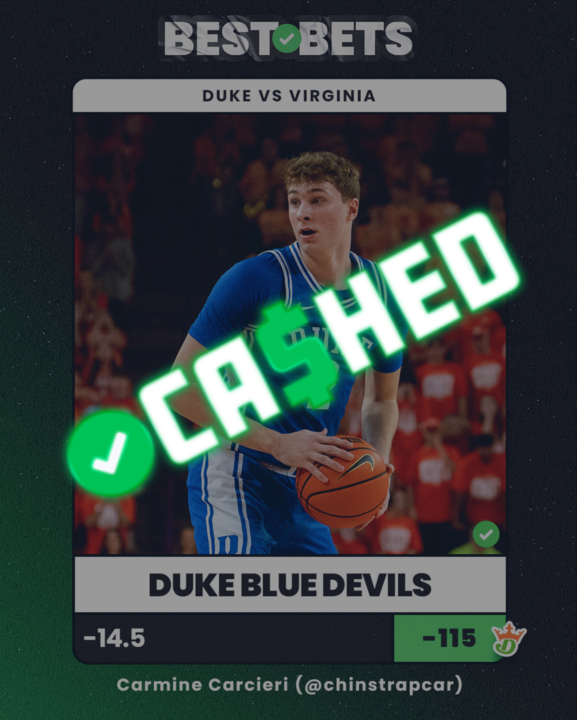 ActionNetworkHQ's tweet photo. ✅ DUKE -14.5 

Drop a ❤️ if you tailed @chinstrapcar's Best Bet https://t.co/TxdbLFYcAy