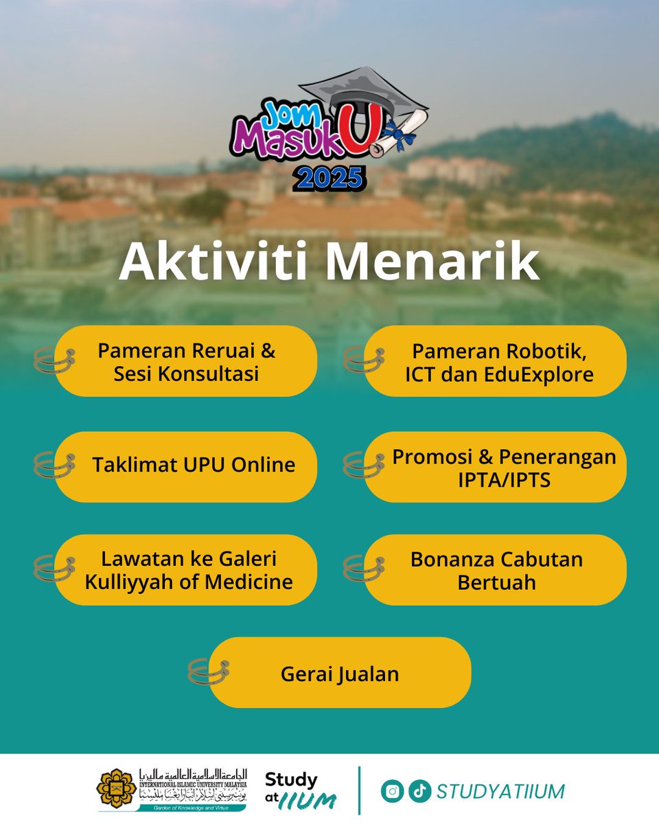 OfficialIIUM's tweet photo. ✨Ayuh kunjungi program jerayawara pendidikan tinggi ini dan ketahui info lanjut mengenai peluang dan syarat kemasukan ke IPTA dan IPTS di Malaysia 🇲🇾

🗓 22 – 23 Februari 2025
⌚9.00 pagi – 5.00 petang
📍Grand Hall, Office of the Campus Director, UIAM Kuantan https://t.co/qqcc8Ca3lp