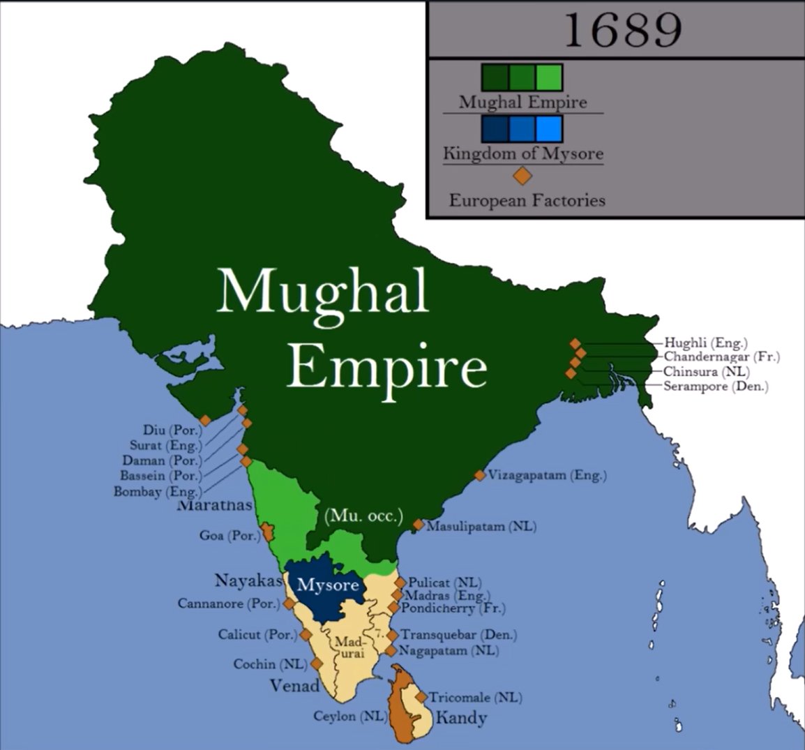 catale7a's tweet photo. "why were we not taught about Chattrapati Sambhaji Maharaj at all in school?" - Aakash Chopra

This is why.
🎯1689 was when Sambhaji died, and look at the region Marathas ruled.

It was a small region, very small. https://t.co/4HB7cfMMiG