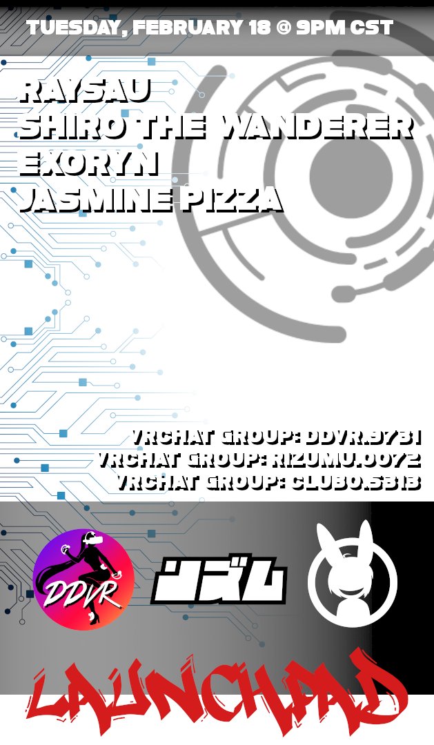 Launchpad is now a 3-Club collab with DDVR, Rizumu, and C!ub O!

See you tomorrow night, Tuesday, February 18th @ 9PM CST

#PLUR #vrchat <a href="/Visit_Club_O/">C!ub O!</a> <a href="/Club_DDVR/">DanceDanceVR</a>