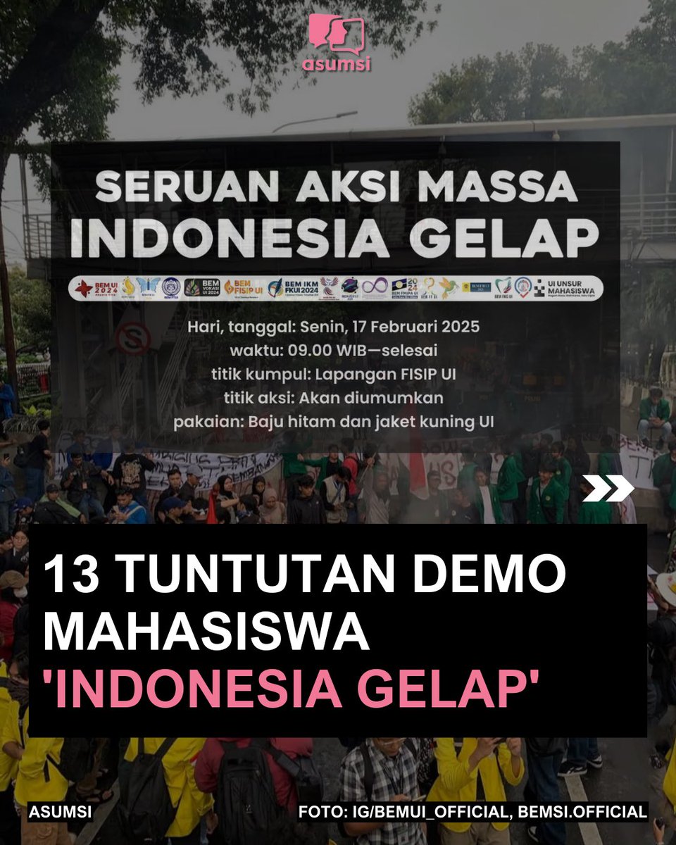 Berikut sejumlah tuntutan massa aksi 'Indonesia Gelap' terhadap pemerintah. Pemerintah dituntut segera melakukan langkah nyata untuk mengatasi berbagai permasalahan yang ada. Mahasiswa menegaskan akan menggelar aksi lanjutan jika tuntutan tidak dipenuhi. 

Selengkapnya. ⤵️