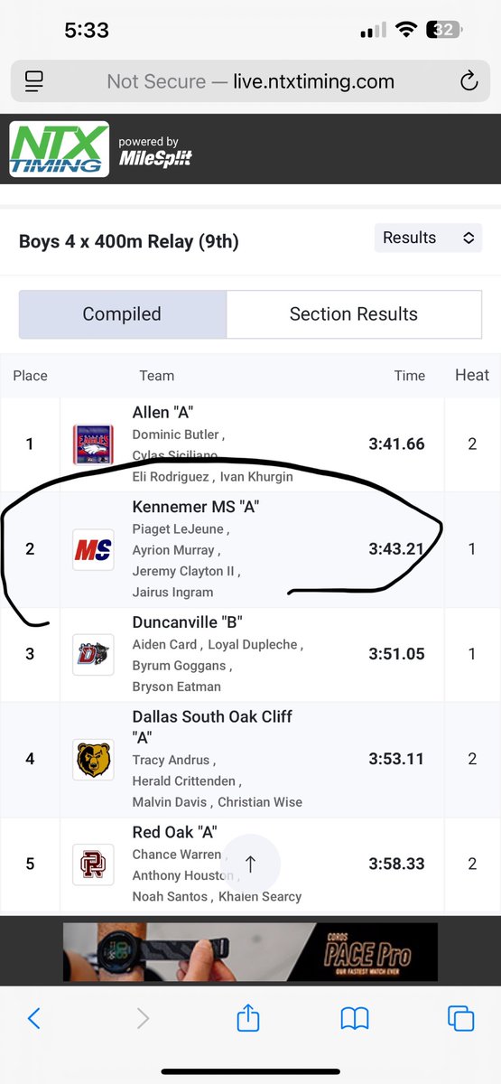 LejeunePiaget's tweet image. Not bad! Kennemer MS 8th grade performed well against 9th grade. Receiving 2nd place in the 4x400.