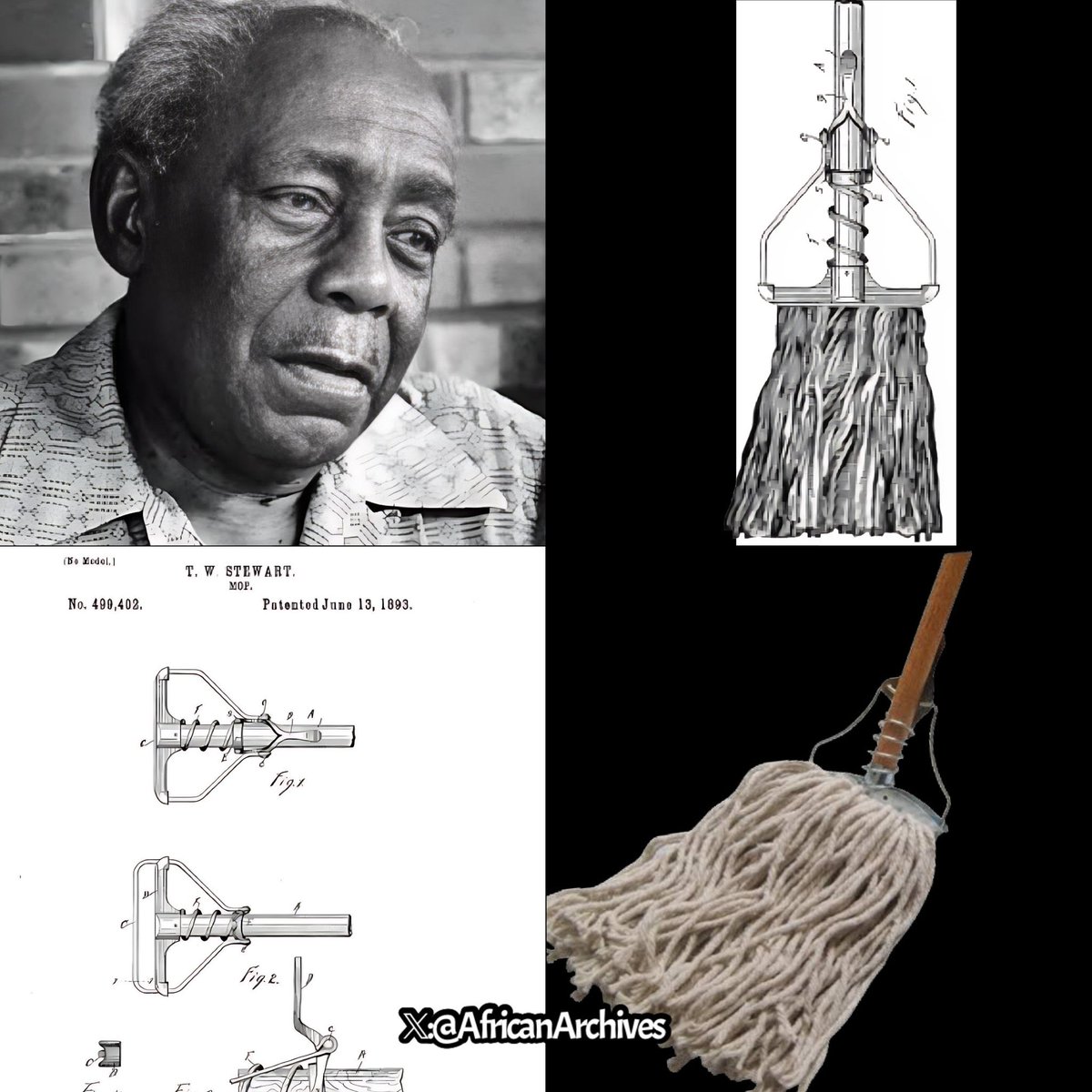 Thomas W. Stewart, was a black inventor from Kalamazoo, Michigan. He patented a new type of mop in 1893.  

His mop was special because the head could be replaced by unclamping the old mop head and clamping on a new one.

—Thomas W. Stewart invention consisted of a clamping