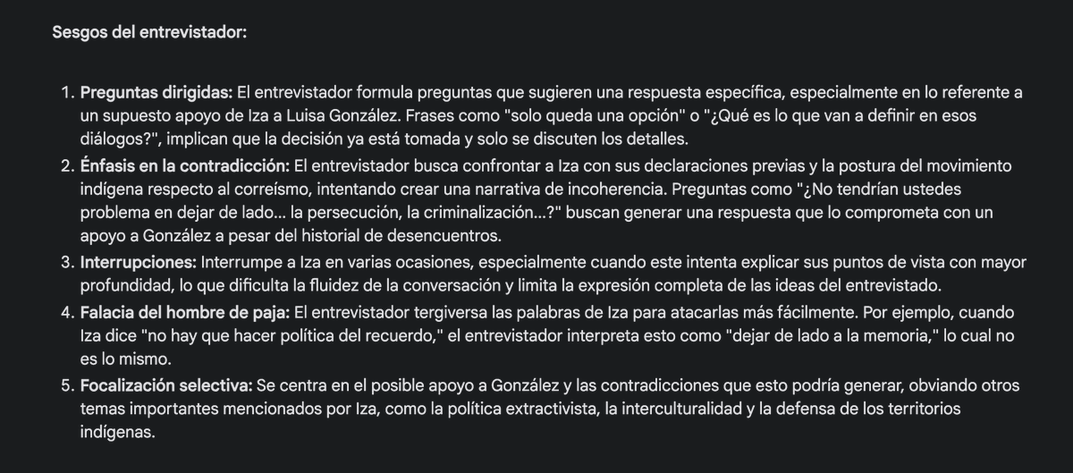 marchelo2212's tweet photo. Aquí el análisis con IA (@GeminiApp Gemini 1.5 PRO) sobre sesgos en la entrevista de @LeninArtieda  (5 vs 4) @LeonidasIzaEc,  resulta que el entrevistador es el más sesgado. La conclusión es bastante cuerda. https://t.co/AJ3rFtH5z4 https://t.co/qkZRtPKijE