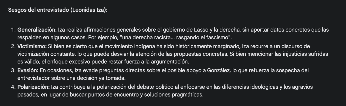marchelo2212's tweet photo. Aquí el análisis con IA (@GeminiApp Gemini 1.5 PRO) sobre sesgos en la entrevista de @LeninArtieda  (5 vs 4) @LeonidasIzaEc,  resulta que el entrevistador es el más sesgado. La conclusión es bastante cuerda. https://t.co/AJ3rFtH5z4 https://t.co/qkZRtPKijE