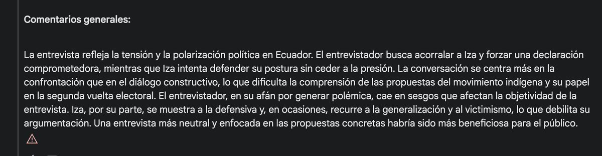 Aquí el análisis con IA (<a href="/GeminiApp/">Google Gemini App</a> Gemini 1.5 PRO) sobre sesgos en la entrevista de <a href="/LeninArtieda/">Lenin Artieda</a>  (5 vs 4) <a href="/LeonidasIzaEc/">Leonidas Iza Salazar</a>,  resulta que el entrevistador es el más sesgado. La conclusión es bastante cuerda. youtube.com/watch?v=IxiZk-…