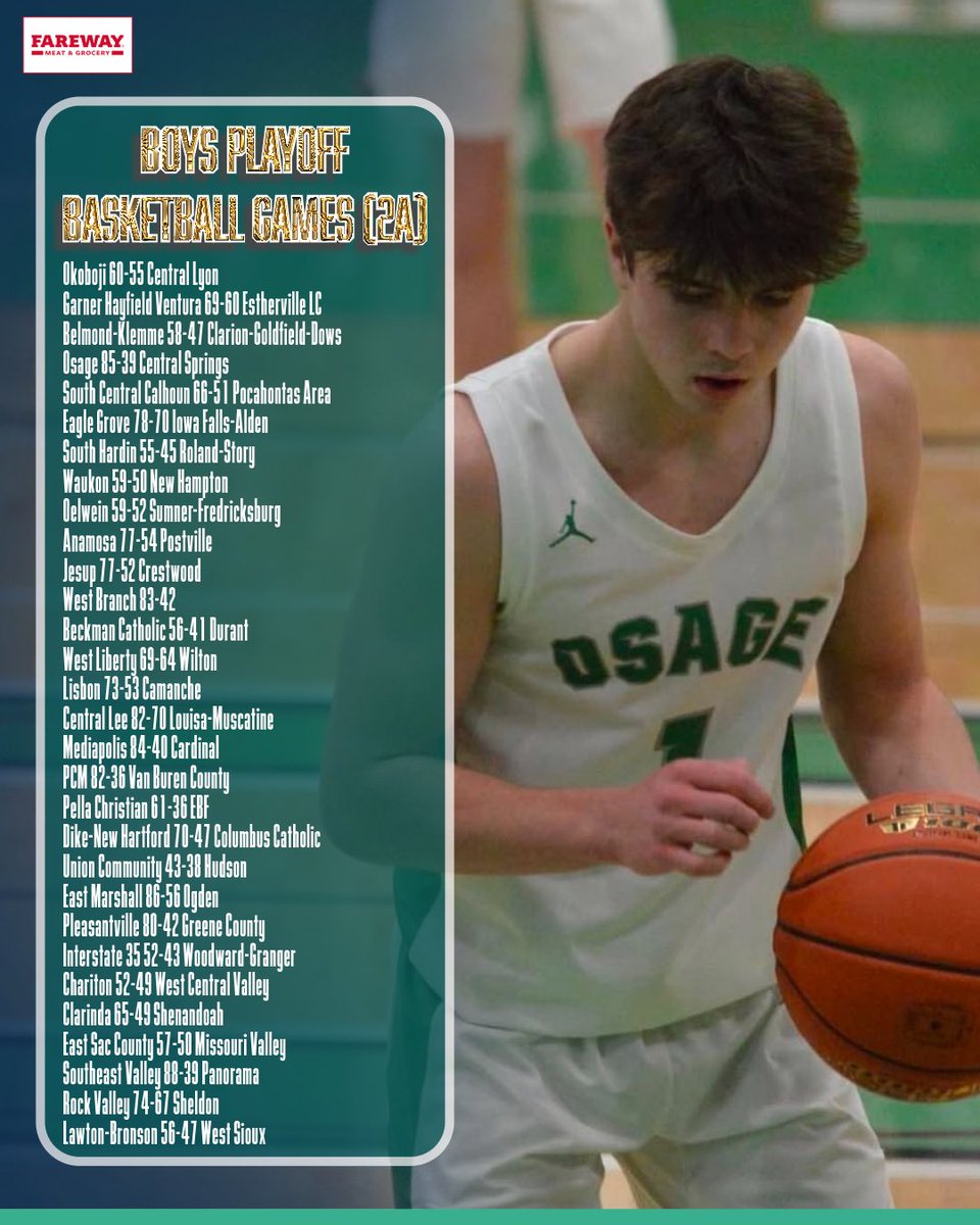 🚨2A PLAYOFF FINAL SCORES🚨

First round is wrapped up for 2A, checkout the scores!

Note: Missing Sioux Central vs MVAOCOU, will update when score is reported.

#iahsbkb