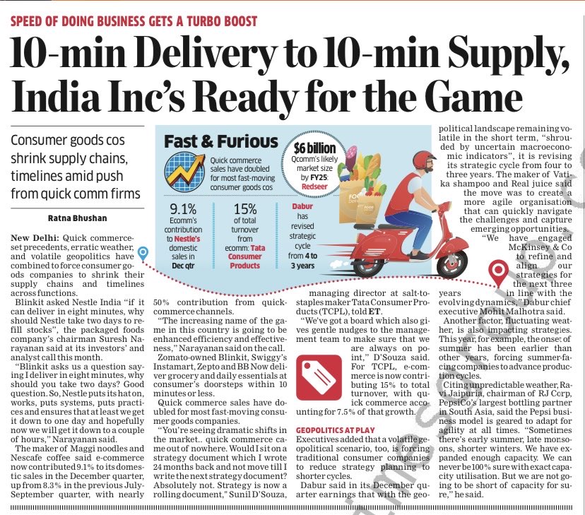 ratnabhushanET's tweet photo. Quick commerce, erratic weather, volatile geopolitics have combined to force consumer goods companies to shrink supply chains &amp; timelines across functions. Q Comm: a $6 billion opportunity. ⁦@EconomicTimes⁩ #Blinkit #Instamart #Zepto #BBNow https://t.co/4HOMglL9Js