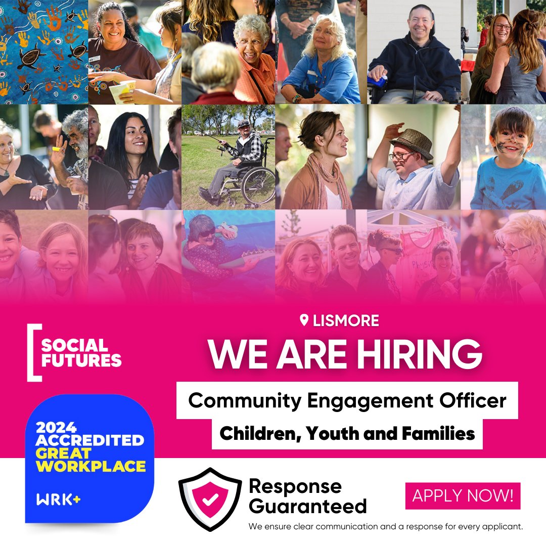 We're hiring a Community Engagement Officer to join our Children Youth and Families team!

👉 Learn more and apply: go.socialfutures.org.au/x_APPLY-Commun…

#Hiring #Lismore #WeAreSocialFutures