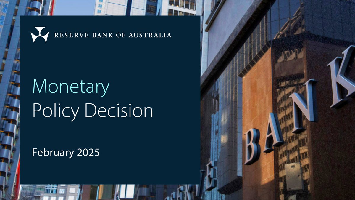 At its meeting today, the Board decided to lower the cash rate target to 4.10 per cent and the interest rate paid on Exchange Settlement balances to 4 per cent. Read more: ow.ly/NvSK50V1Hac
