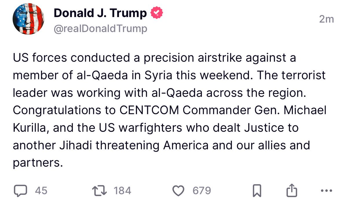BREAKING 🚨 Donald Trump just announced on Truth that the US conducted a precision strike on a terr*rist thre*tening America 🔥 

WE WILL NOT BE BULLIED