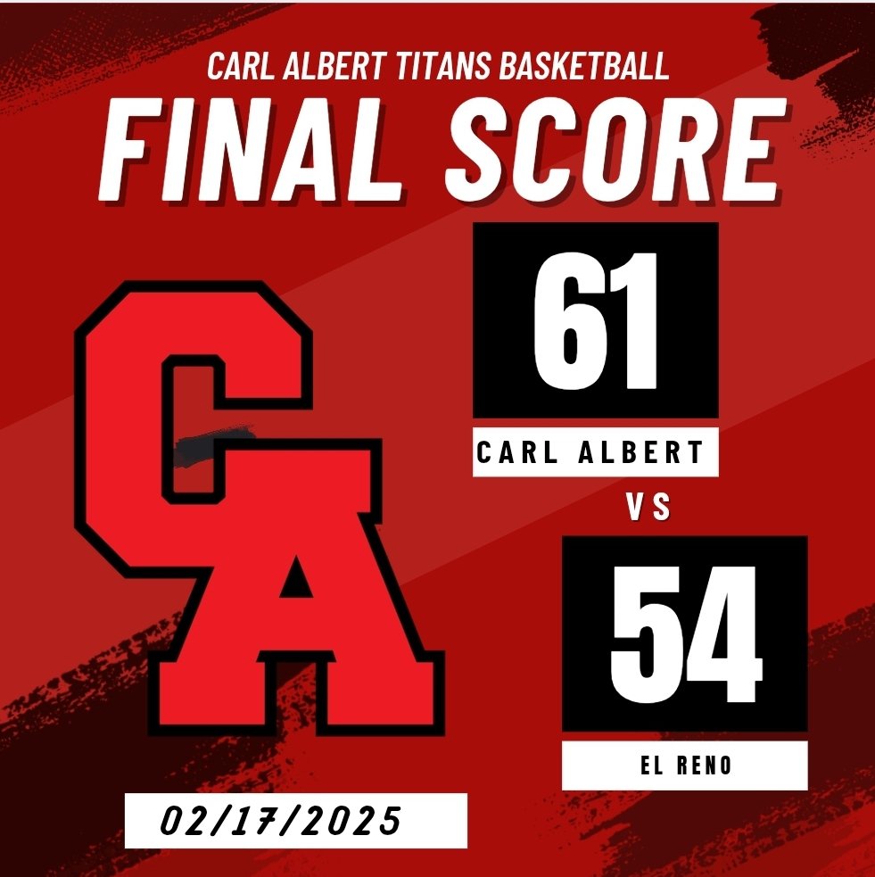 Carl Albert Men’s Basketball (@catitansmbb) on Twitter photo ‼🏀 Varsity Boys 🏀‼
BIG STATEMENT District WIN
🚨FINAL🚨
Carl Albert -61
El Reno - 54
<a href="/MWC_Beacon/">Midwest City Beacon</a>
<a href="/oksportsnet/">Oklahoma Sports Network</a> <a href="/okhsscores/">Oklahoma HS Extreme</a> <a href="/ATHLETICS_CAHS/">CAHS ATHLETICS</a> ‼🏀 Varsity Boys 🏀‼
BIG STATEMENT District WIN
🚨FINAL🚨
Carl Albert -61
El Reno - 54
<a href="/MWC_Beacon/">Midwest City Beacon</a>
<a href="/oksportsnet/">Oklahoma Sports Network</a> <a href="/okhsscores/">Oklahoma HS Extreme</a> <a href="/ATHLETICS_CAHS/">CAHS ATHLETICS</a>